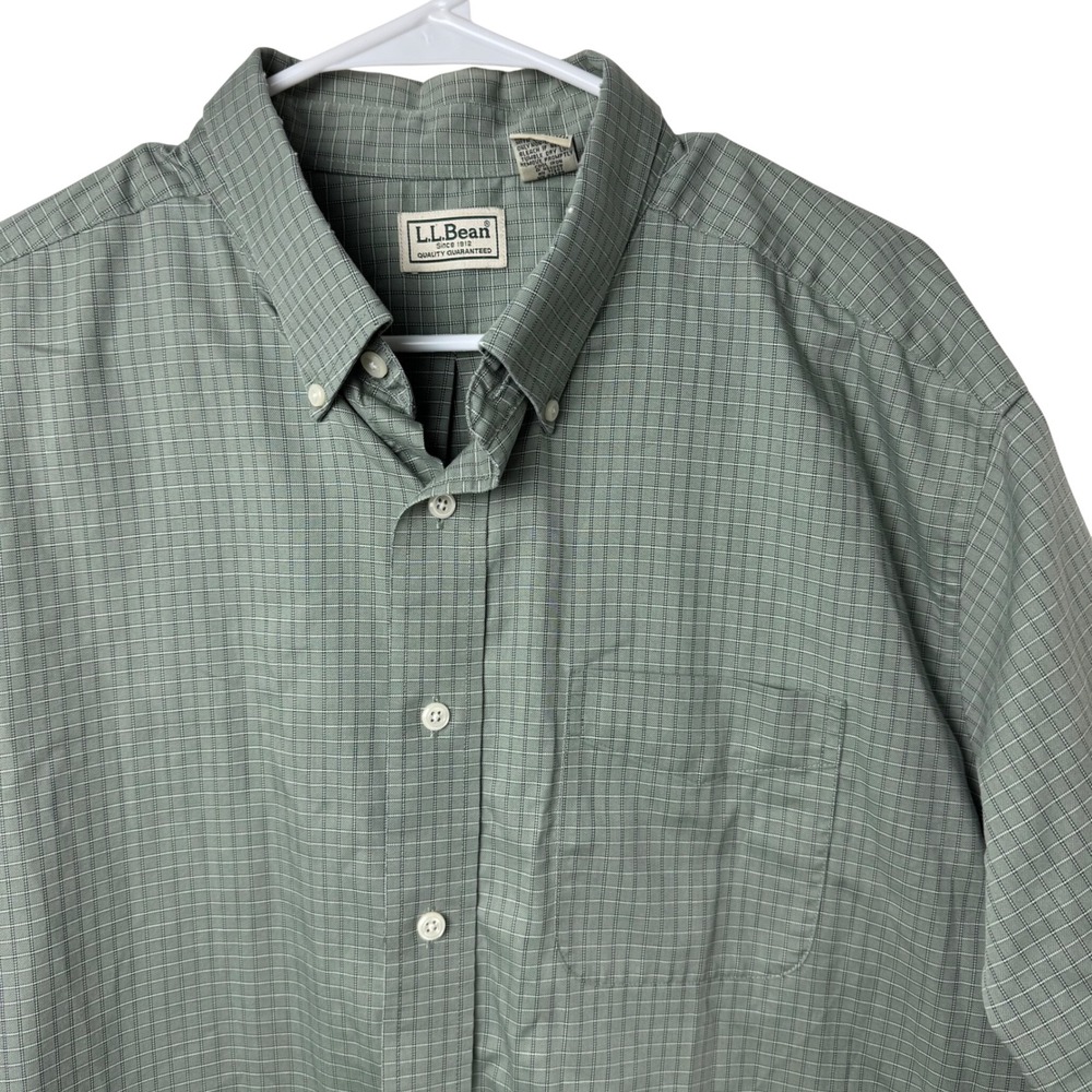 LL Bean Button Down Mens XL Tall Green Plaid Short Sleeve Cotton O NX48